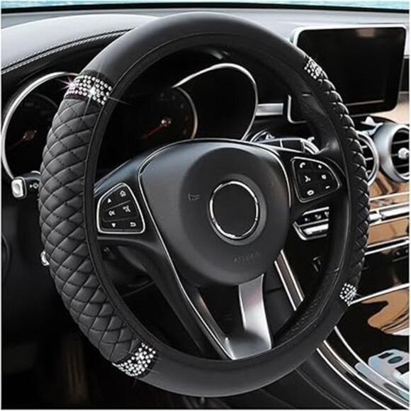Bling Soft Leather Steering Wheel Cover,15Inch Colorful Rhinestones Auto Elastic - Picture 7 of 7